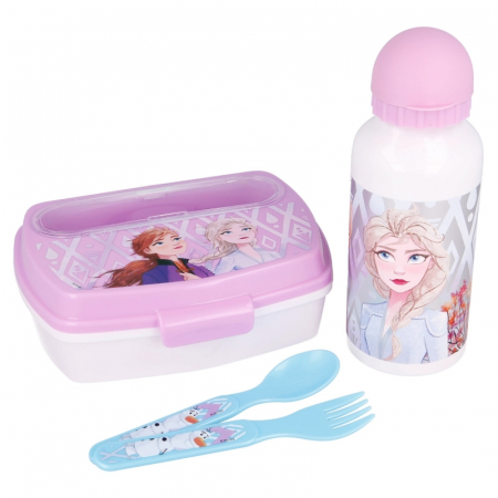 Accesorii hranire - Set pranz 4 piese Frozen II cutie sandwich,sticla aluminiu si tacamuri