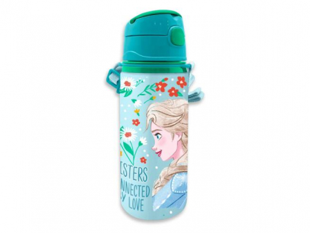 Sticle - Sticla apa aluminiu cu pai si maner, Frozen Sisters 600 ml