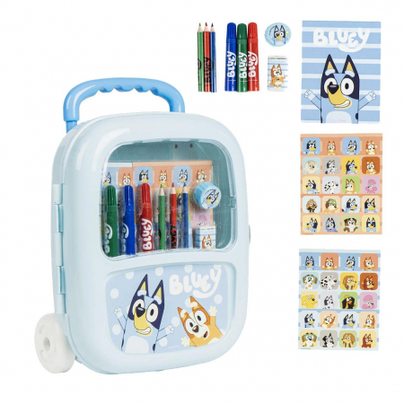 Joaca si timp liber - Trusa tip troler gradinita transparent Bluey si accesorii, 25.5x22x9 cm