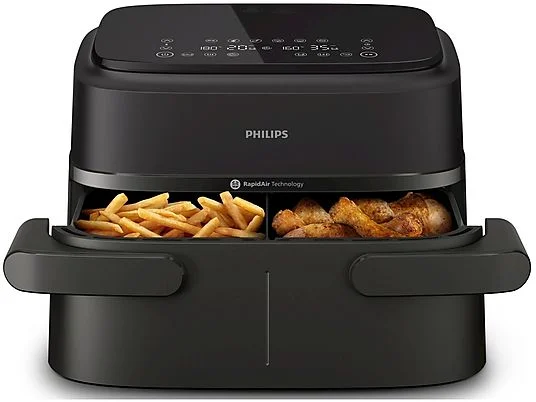 Friteuză cu Aer Cald Philips Airfryer 1000 Series Dual Basket NA150/00, 7,1 L, RapidAir 2450 W, Două Coșuri, Functie Grill, Negru pukika.ro [1]