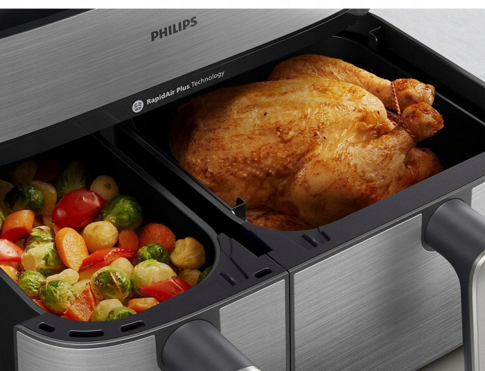 Friteuză cu Aer Cald Philips Airfryer 5000 Series Dual Basket Steam NA555/00, 9 L, RapidAir Plus + Air Steam, 2750 W, 12 Presetări, Argintiu pukika.ro [5]