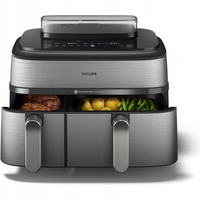 Friteuză cu Aer Cald Philips Airfryer 5000 Series Dual Basket Steam NA555/00, 9 L, RapidAir Plus + Air Steam, 2750 W, 12 Presetări, Argintiu pukika.ro [2]