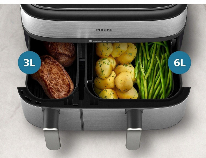 Friteuză cu Aer Cald Philips Airfryer 5000 Series Dual Basket Steam NA555/00, 9 L, RapidAir Plus + Air Steam, 2750 W, 12 Presetări, Argintiu pukika.ro [4]