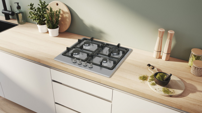 Plită pe gaz Bosch Serie 4 PGH6B5K90, 60 cm, 4 arzătoare, oțel inox, suporturi fontă lavabile, WOK, siguranță gaz, Gri pukika.ro [5]
