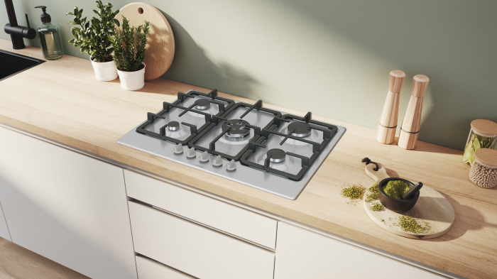 Plită pe gaz Bosch Serie 4 PGQ7B5K90, 75 cm, 5 arzătoare, oțel inox, WOK, grătare fontă lavabile, siguranță gaz, Gri pukika.ro [5]