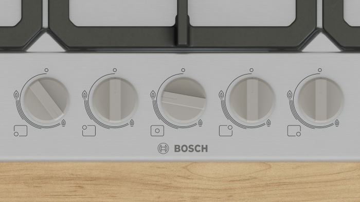 Plită pe gaz Bosch Serie 4 PGQ7B5K90, 75 cm, 5 arzătoare, oțel inox, WOK, grătare fontă lavabile, siguranță gaz, Gri pukika.ro [2]