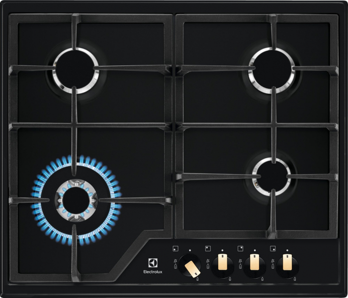 Plită pe Gaz Electrolux EGS6436RK, 60 cm, 4 Arzătoare, Aprindere Electrică, Grătare Fontă, Sticlă Neagră pukika.ro [1]