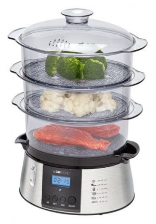 Aparate de gatit cu aburi - Aparat de gatit cu aburi Clatronic 800 W, 3 zone de gatit, Panou digital, Negru/Argintiu