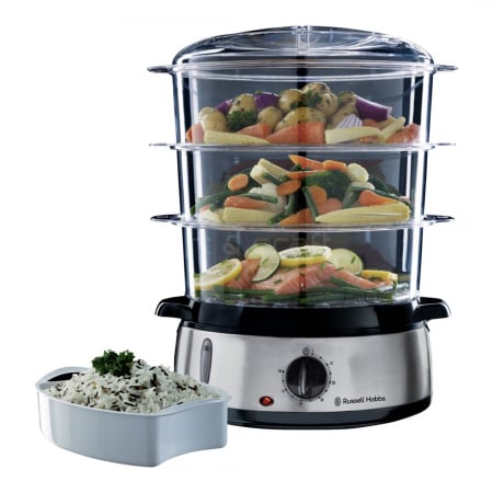 Aparate de gatit cu aburi - Aparat de gatit cu aburi Russel Hobbs 800 W, 9 L, 3 zone de gatit, Negru/Arginitiu