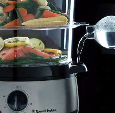 Aparat de gatit cu aburi Russel Hobbs 800 W, 9 L, 3 zone de gatit, Negru/Arginitiu [1]