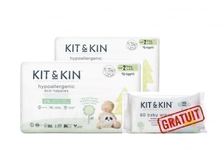 Pentru bebelusi - Pachet 2 x Scutece hipoalergenice Eco Kit&Kin, Marimea 2, 4-8 kg, 40 bucati + Servetele Umede Hipoalergenice Biodegradabile Kit&Kin, 1 pachet, 60 bucati GRATUIT
