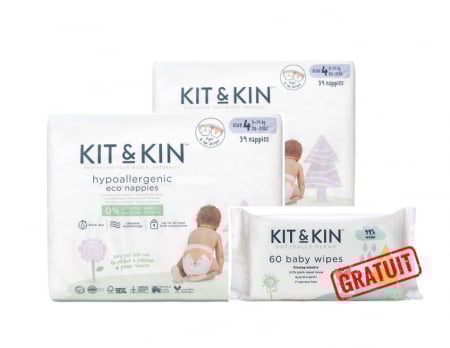 Pentru bebelusi - Pachet 2 x Scutece Hipoalergenice Eco Kit&Kin, Marimea 4, 9-14 kg , 32 bucati + Servetele Umede Hipoalergenice Biodegradabile Kit&Kin, 1 pachet, 60 bucati GRATUIT