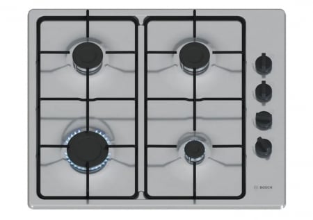 Plite - Plită pe gaz Bosch PBP6B5K80, 75 cm, 4 arzătoare, sticlă neagră, FlameSelect, grătare din fontă, Gri pukika.ro