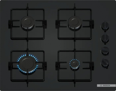 Plite - Plită pe gaz Bosch Serie 2 POP6B6K30, 60 cm, 4 arzătoare, cristal Quartz, oprire automată gaz, Negru pukika.ro
