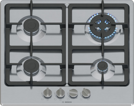 Plite - Plită pe gaz Bosch Serie 4 PGH6B5K90, 60 cm, 4 arzătoare, oțel inox, suporturi fontă lavabile, WOK, siguranță gaz, Gri pukika.ro