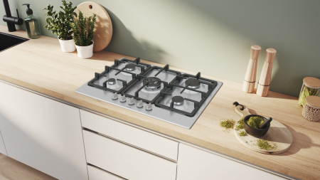 Plită pe gaz Bosch Serie 4 PGQ7B5K90, 75 cm, 5 arzătoare, oțel inox, WOK, grătare fontă lavabile, siguranță gaz, Gri pukika.ro [4]