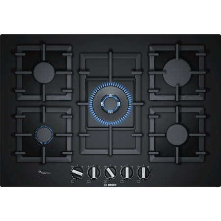 Plite - Plită pe gaz incorporabilă Bosch Serie 6 PPQ7A6B90, 75 cm, 5 arzătoare, sticlă temperată, FlameSelect, Negru pukika.ro