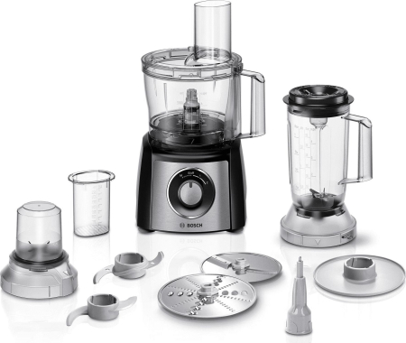 Roboți de Bucătărie - Robot de Bucătărie Bosch MCM3PM386, 900 W, 2.3 L, 2 Trepte Viteză + Puls, Set 50 Funcții, Accesorii Inox, Gri/Negru