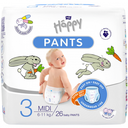 Scutece Si Chilotei - Scutece chilotel Happy Pants Midi, nr 3, 11-18 kg, 26 bucati pukika.ro