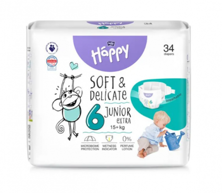 Pentru bebelusi - Scutece copii Happy Soft & Delicate Junior Extra,Nr.6,+15 kg,34 buc