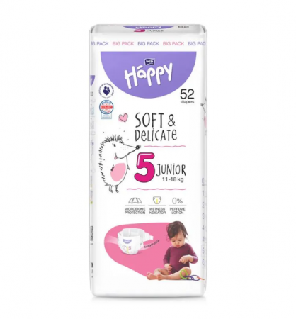 Pentru bebelusi - Scutece copii Happy Soft & Delicate Junior,Nr.5,11-18 kg,52 buc