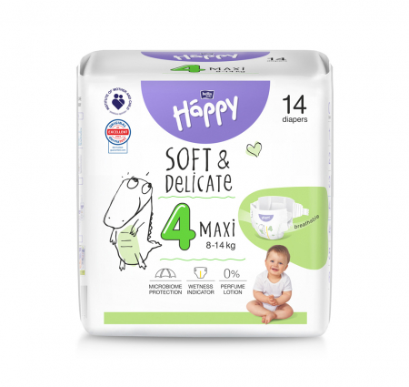 Scutece Si Chilotei - Scutece copii Happy Solf & Delicate Maxi,Nr.4,8-18 kg,14 buc