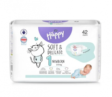 Scutece Si Chilotei - Scutece copii Happy Solf & Delicate New Born,Nr.1,2-5 kg, 42 buc