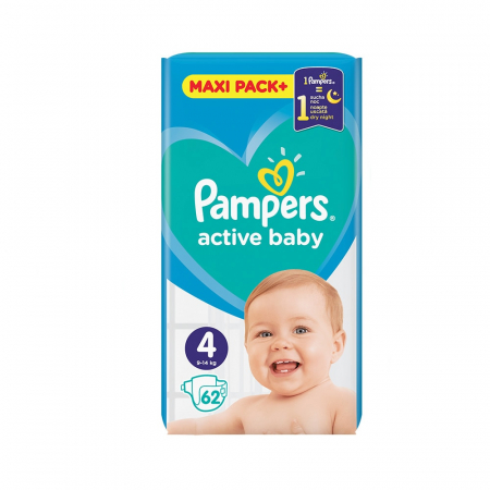Scutece Pampers Active Baby, Maxi pack, Numarul 4, 9-14 kg, 62 bucati