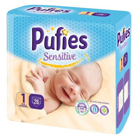 Scutece Pufies Sensitive, Marimea  1 SP, New Born, 2-5 kg, 26 bucati