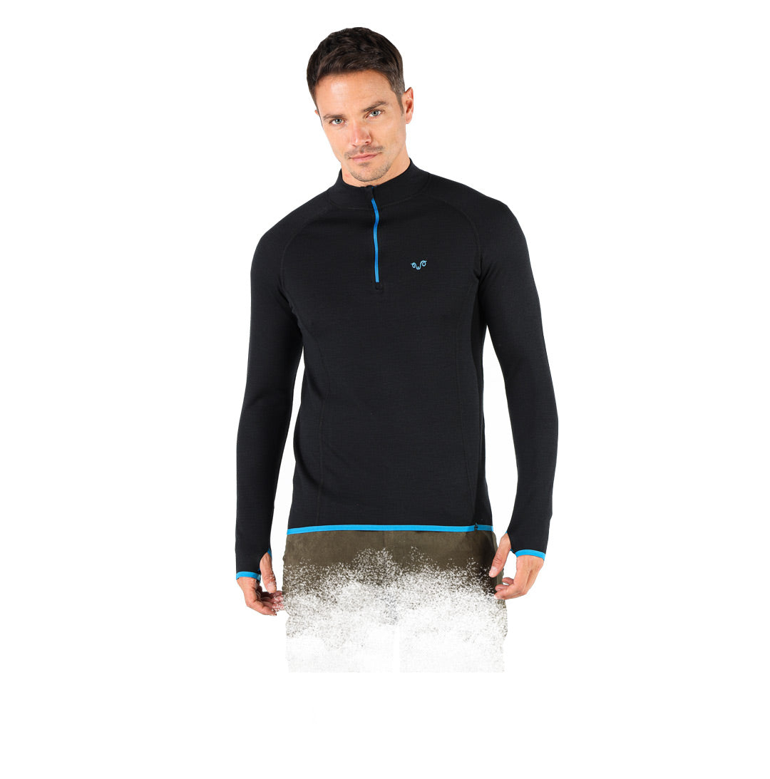 Halldor - Bluza cu maneca lunga (ZIP)  - 100% Lana Merino Negru, XL