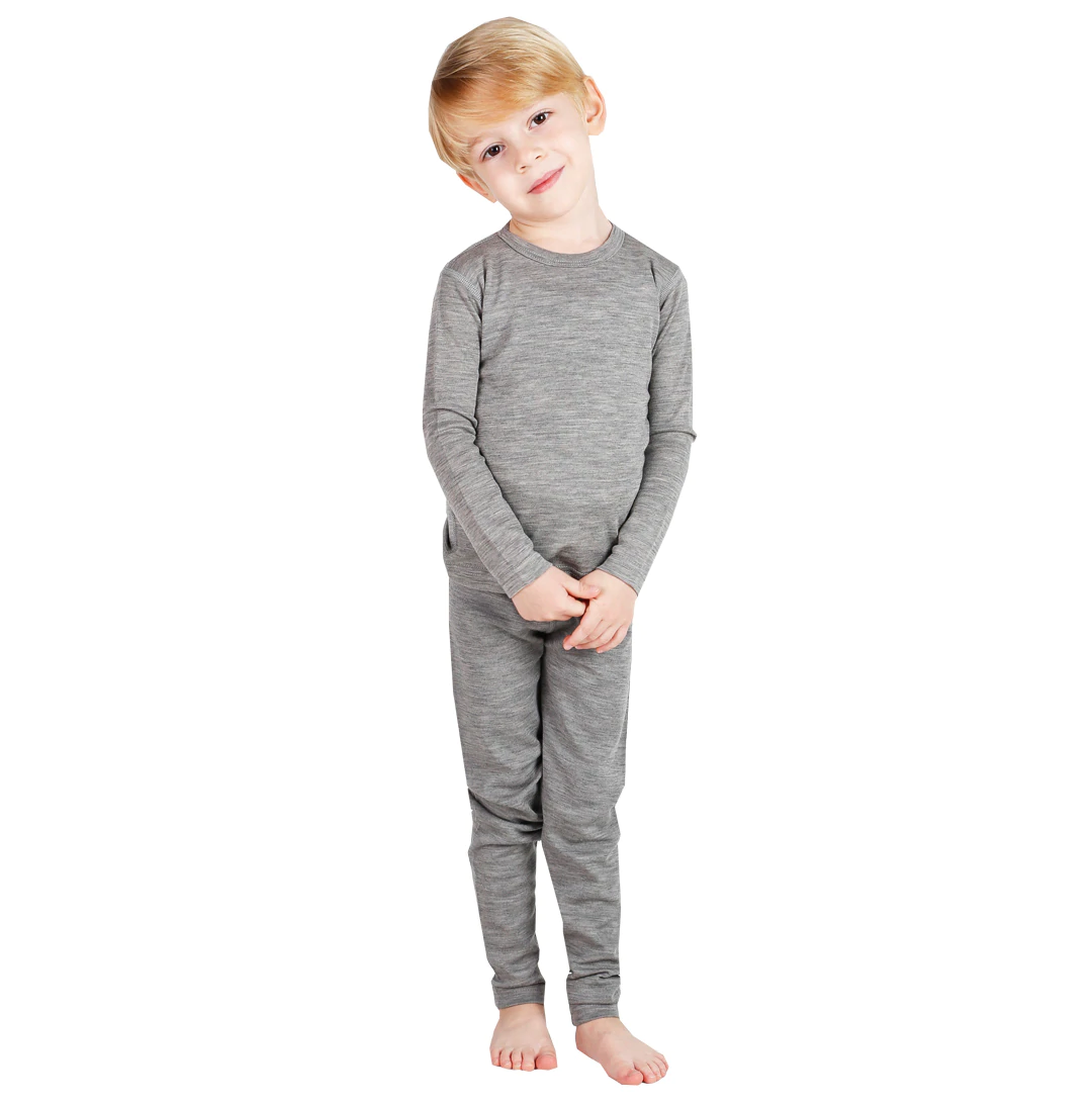 Set Lenjerie Termica Copii - 100% Lana Merino Gri, 9-10 ani