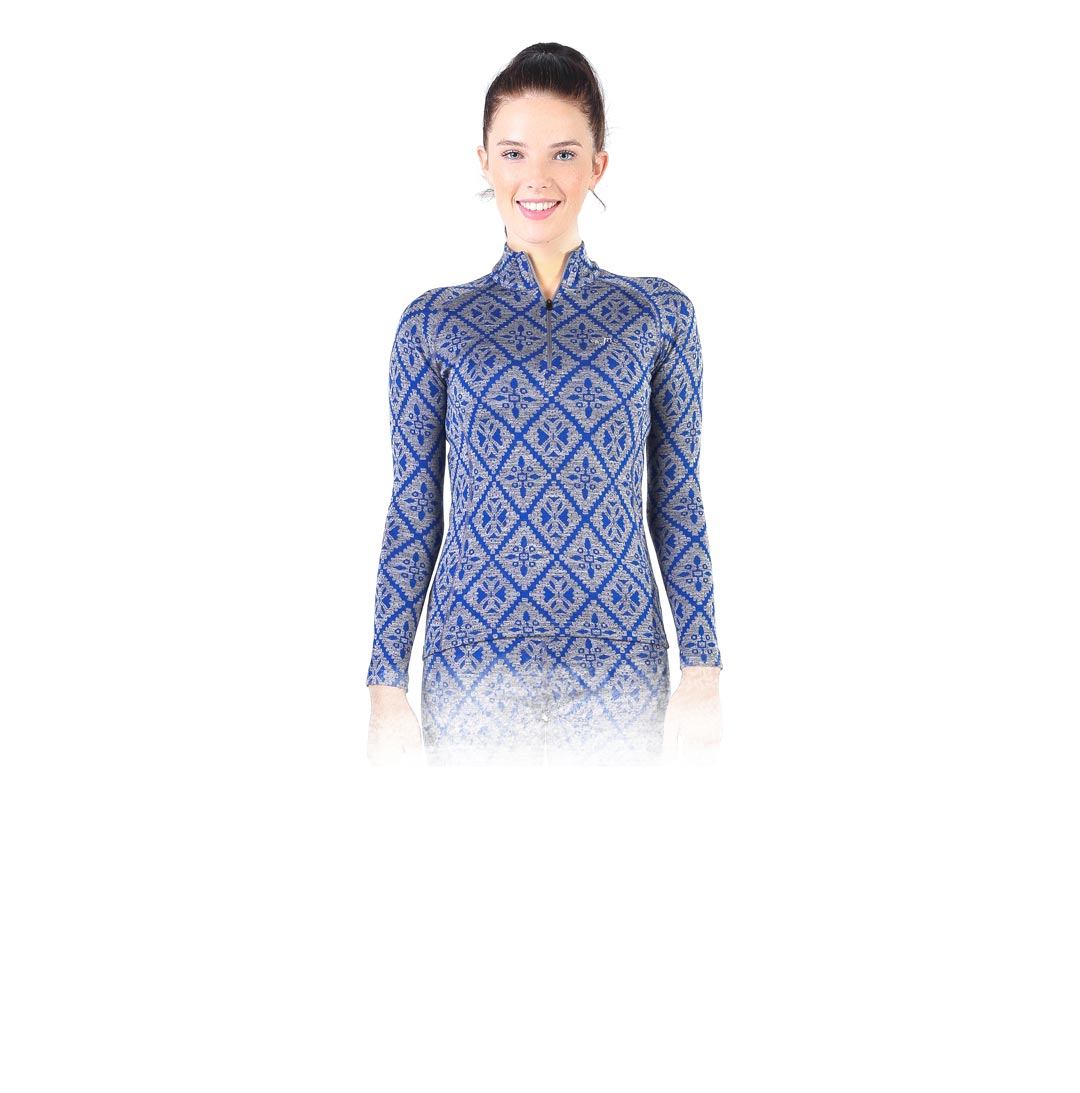 Venus - Bluza cu maneca lunga (cu fermoar) - 100% Lana Merino L, Albastru/ Gri
