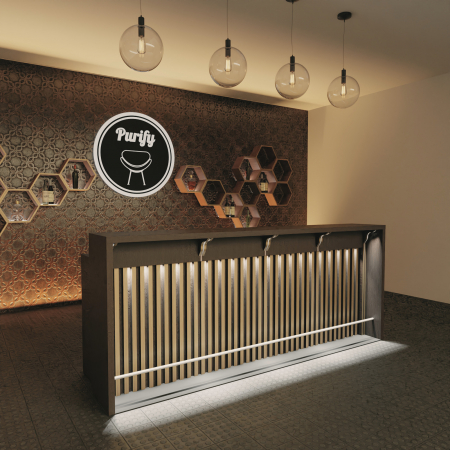 Mobilier HoReCa - Bar modern din pal melaminat  si lemn masiv cu insertii metalice la comanda Modus