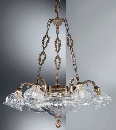 Corpuri De Iluminat - Lampa suspendata cu 9 lumini din alama cu abajur si sticla suflata Pur 169