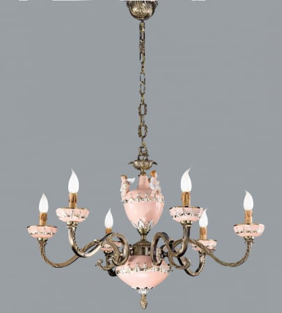 Corpuri De Iluminat - Lampa suspendata cu 6 lumini din alama cu ceramică roz pictată manual Pur 184