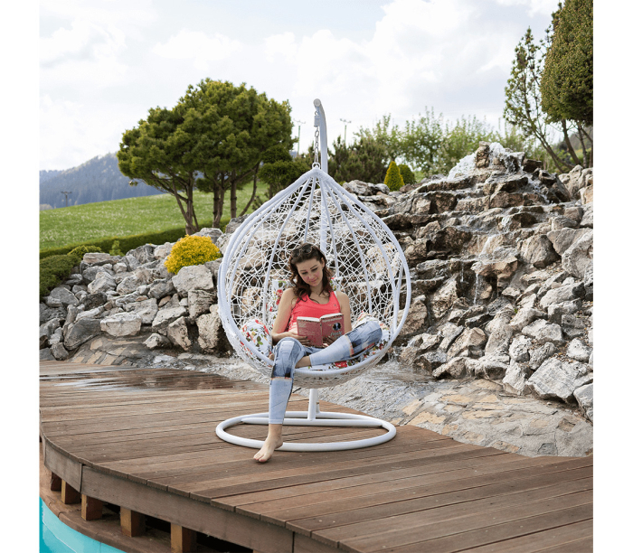 Balansoar suspendat tip cuib din ratan cu pernă florală | Terasă & grădină [2]