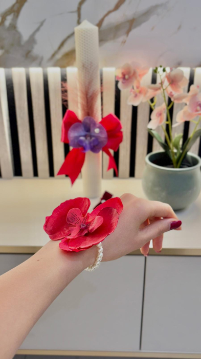 Lumânare decorativă nuntă ivory cu fundă roșie și orhidee [2]