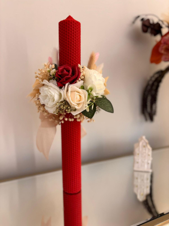 Toate Produsele - Lumânare decorativă roșie cu flori – Lumânare handmade pentru evenimente speciale