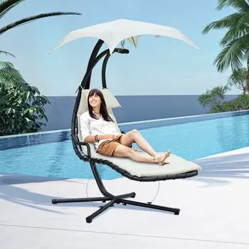 Accesorii casa si  gradina - Sezlong pentru gradina, tip leagan, metalic, cu parasolar, Crem, 190x115x190 cm