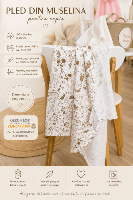 Pled din Muselina Vintage, 100/100 cm [2]