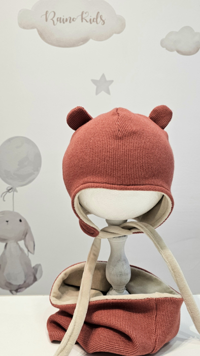 Set caciula cu esarfa circulara, bumbac, peach/unisex [2]