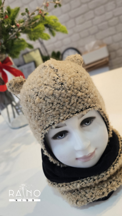 Set cu caciula si esarfa circulara, lana bucle&bumbac, gros caramel [2]