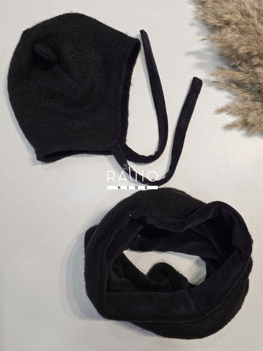 Set caciula cu esarfa circulara, lana&bumbac, negru pufos [4]