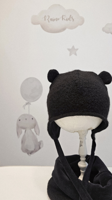 Set caciula cu esarfa circulara, lana&bumbac, negru pufos [2]