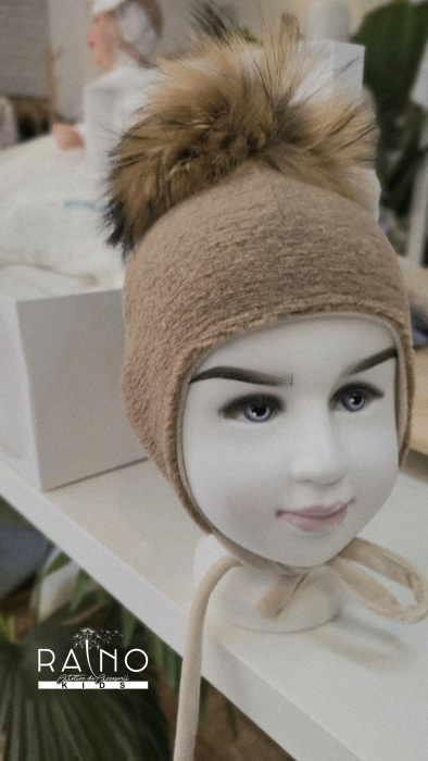 Căciulă din lana/bumbac, cafea cu lapte, cu PomPom Raton, detasabil [2]