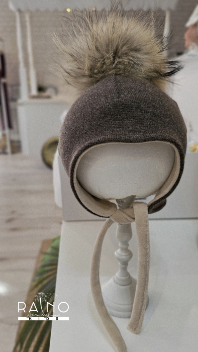 Căciulă din lana/bumbac, maro cu PomPom Raton, detasabil [2]