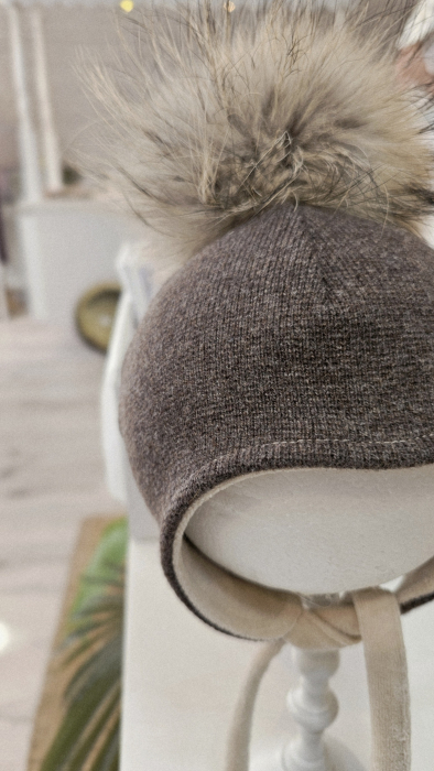 Căciulă din lana/bumbac, maro cu PomPom Raton, detasabil [3]