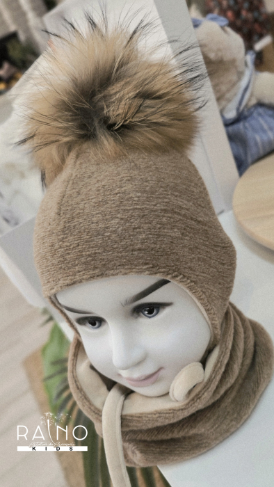 Set cu caciula accesorizata cu mot natural si esarfa circulara, lana&bumbac, cafea cu lapte [3]