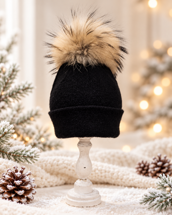 Căciulă din lana, cu PomPom Raton, detasabil, NEGRU [2]