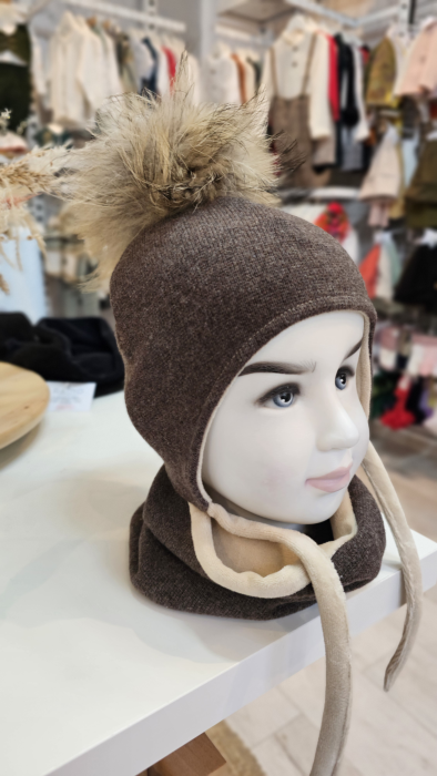 Set caciula cu mot natural si esarfa circulara, lana&bumbac, maro [1]